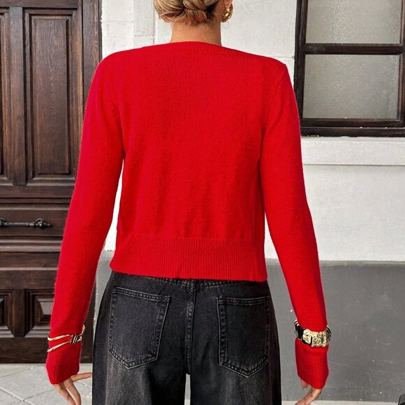 Red Casual Women's Elegant Floral Decor Button-Up Cardigan - Picture 2 of 6